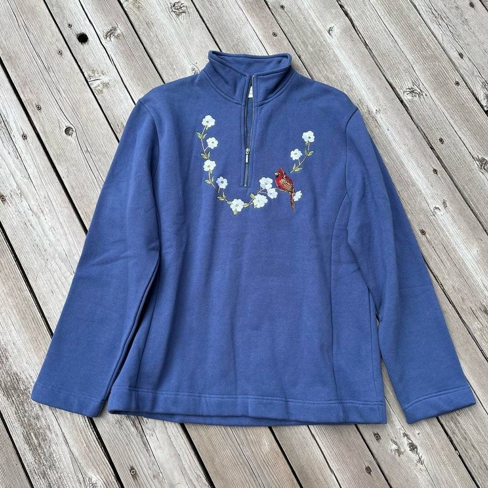 National Wildlife blue 1/4 zip floral + cardinal embroidered pullover